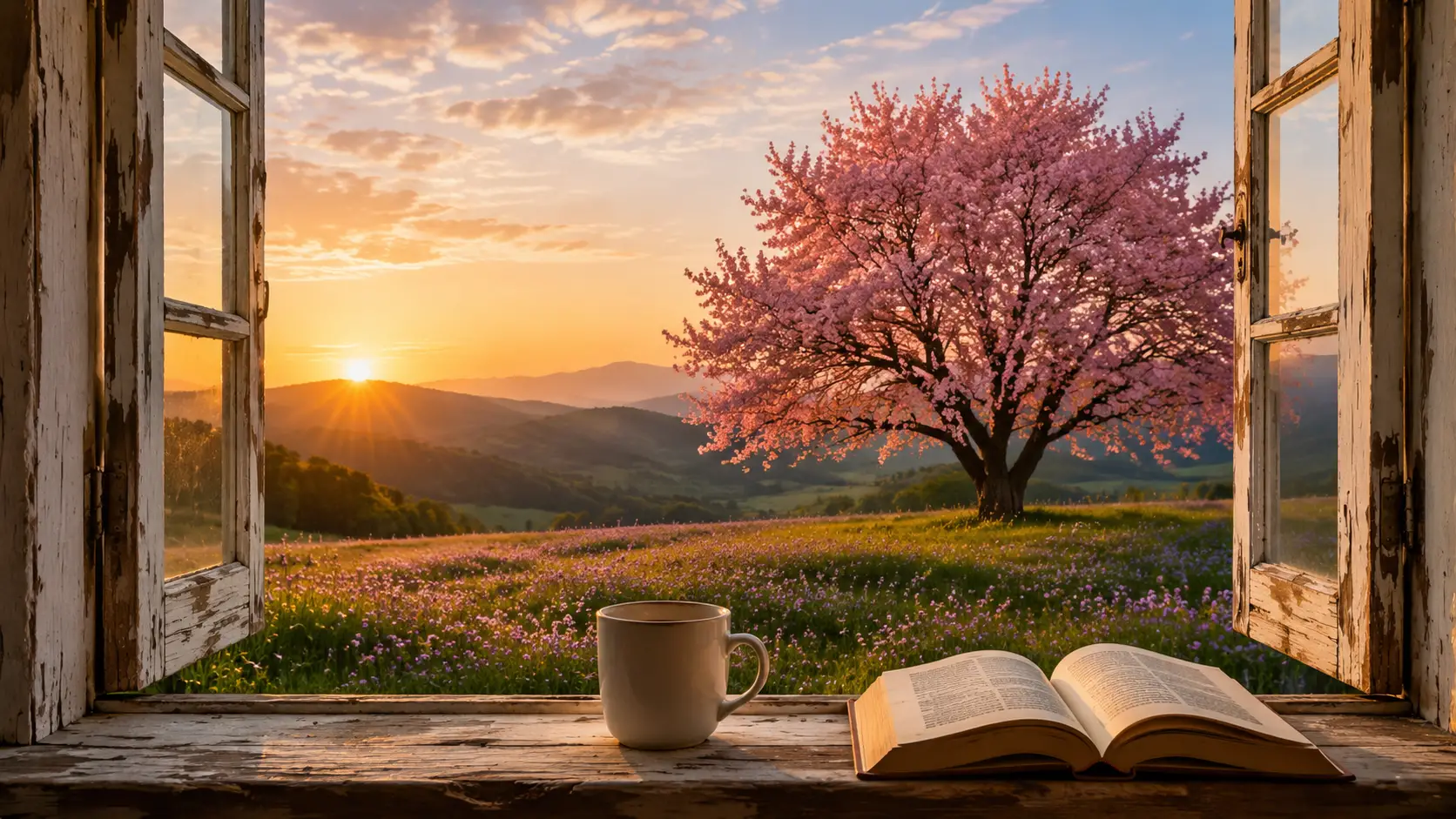 Sunlit cherry tree viewed through rustic wooden window