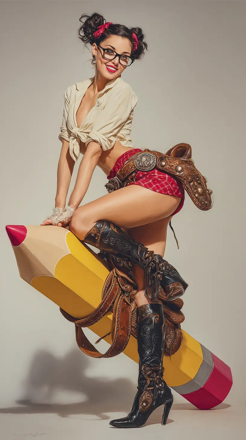 Playful pin up woman riding a giant yellow pencil