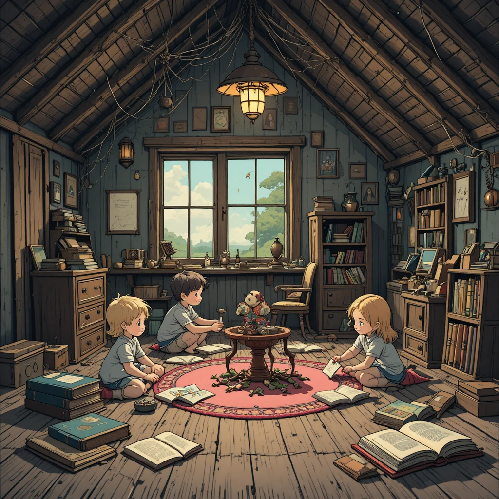 Children finding ancient toys in a dusty attic
