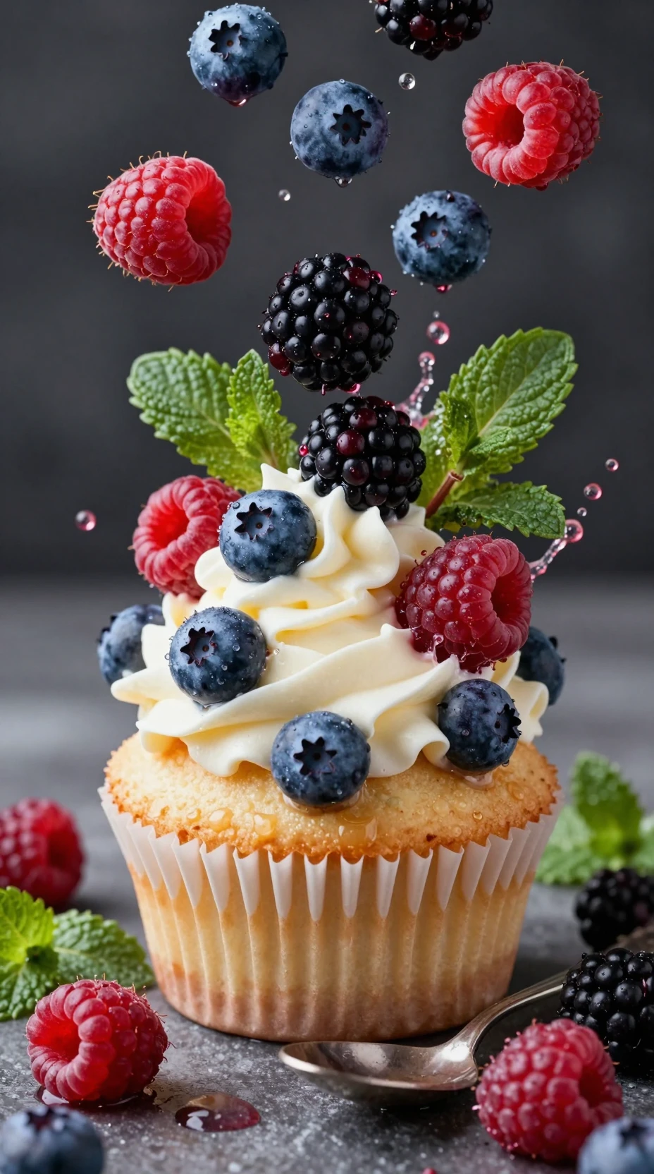 Cupcake con frutos rojos frescos flotando en el aire