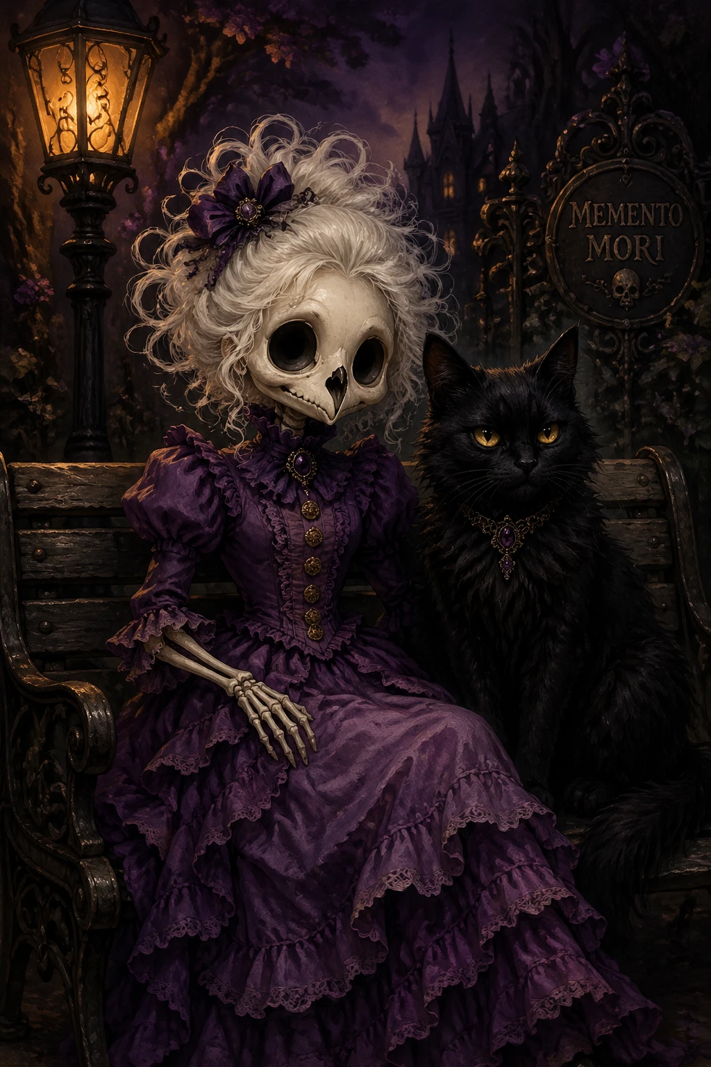 Skeleton girl in violet dress on bench with black cat