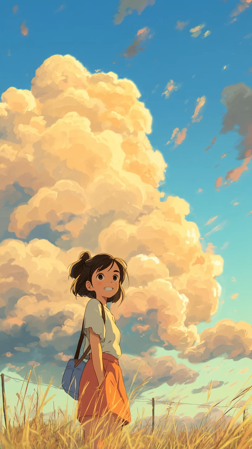 Joven chica sonriente en un campo de hierba con nubes con forma de animales