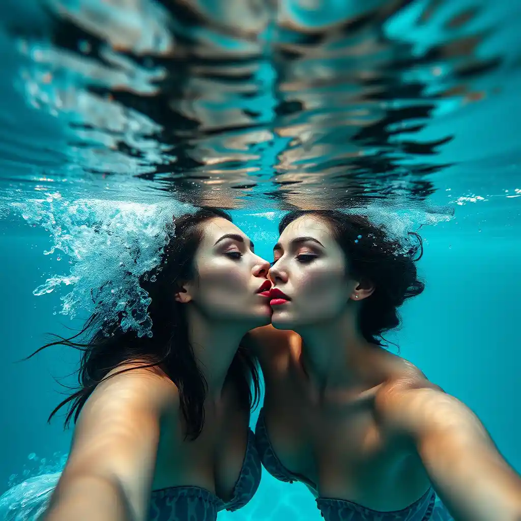 Two women swimming together in an underwater embrace