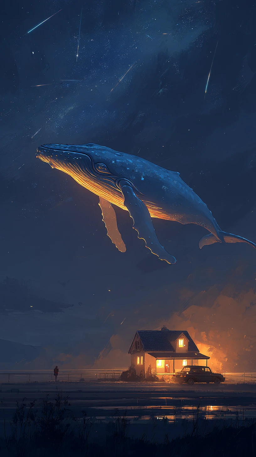 Blue whale drifting across a starry night sky