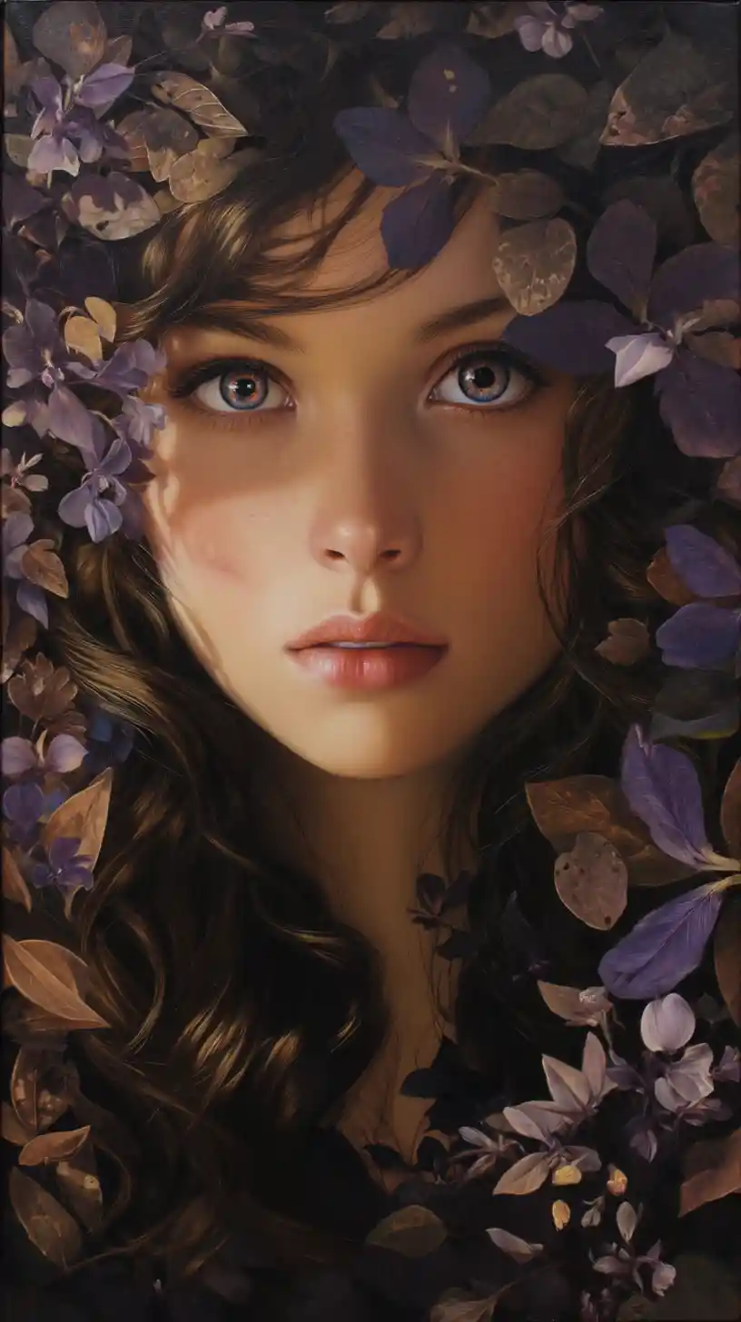 Surreal woman emerging from blooming African violets