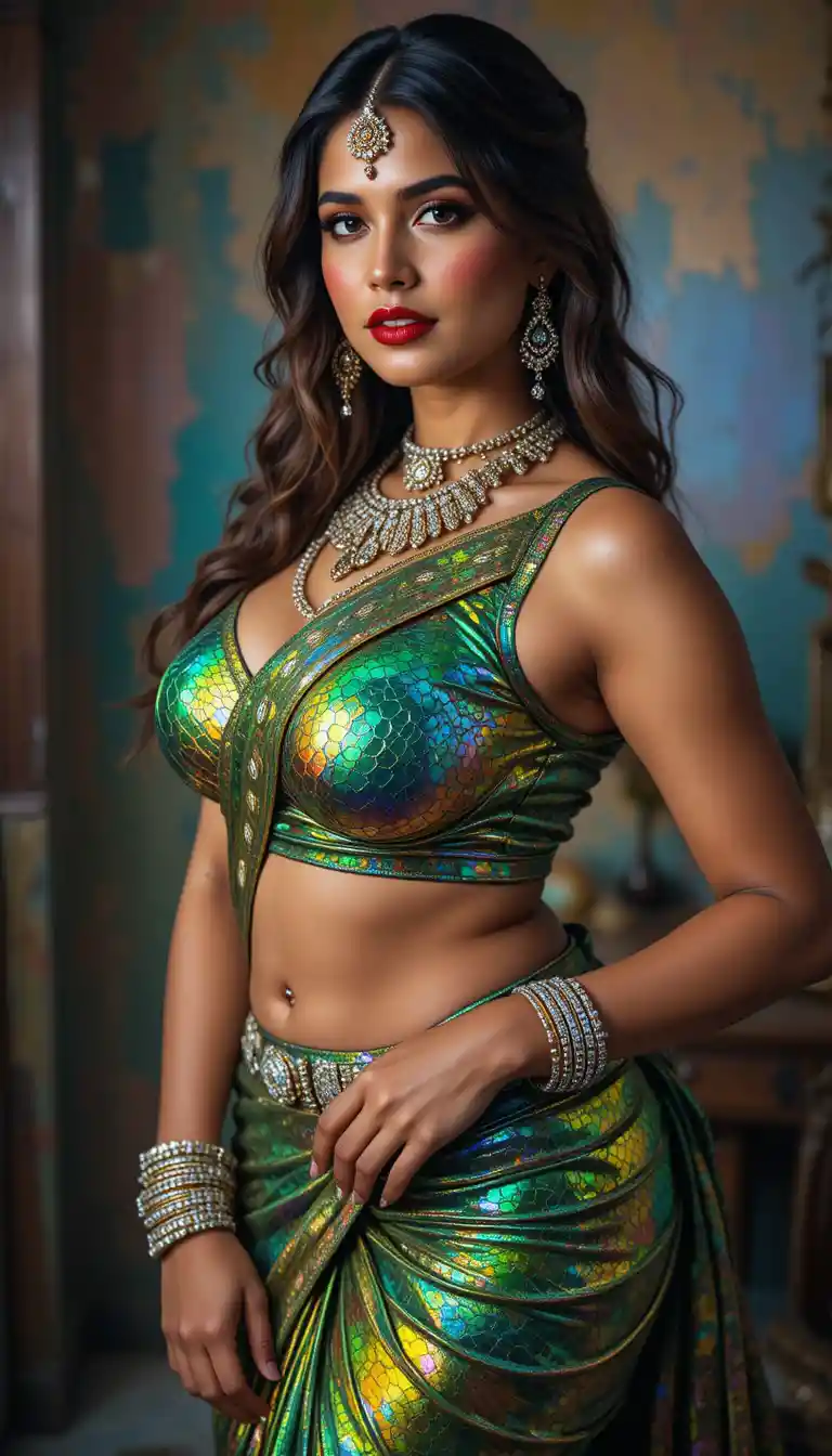 Glamorous Indian woman in glossy saree bending at the waist