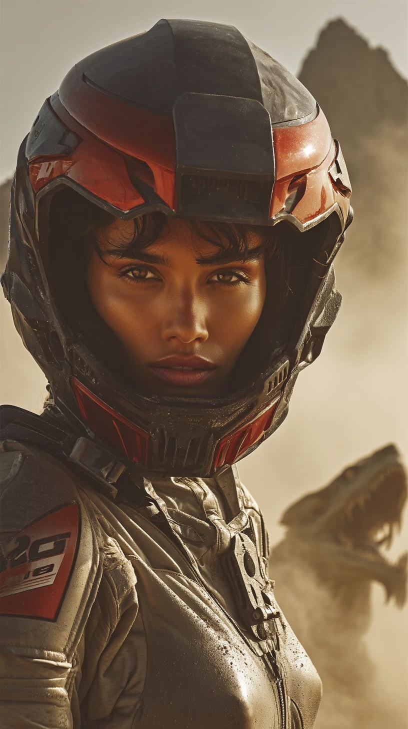 Sci fi woman in black astronaut suit on alien world