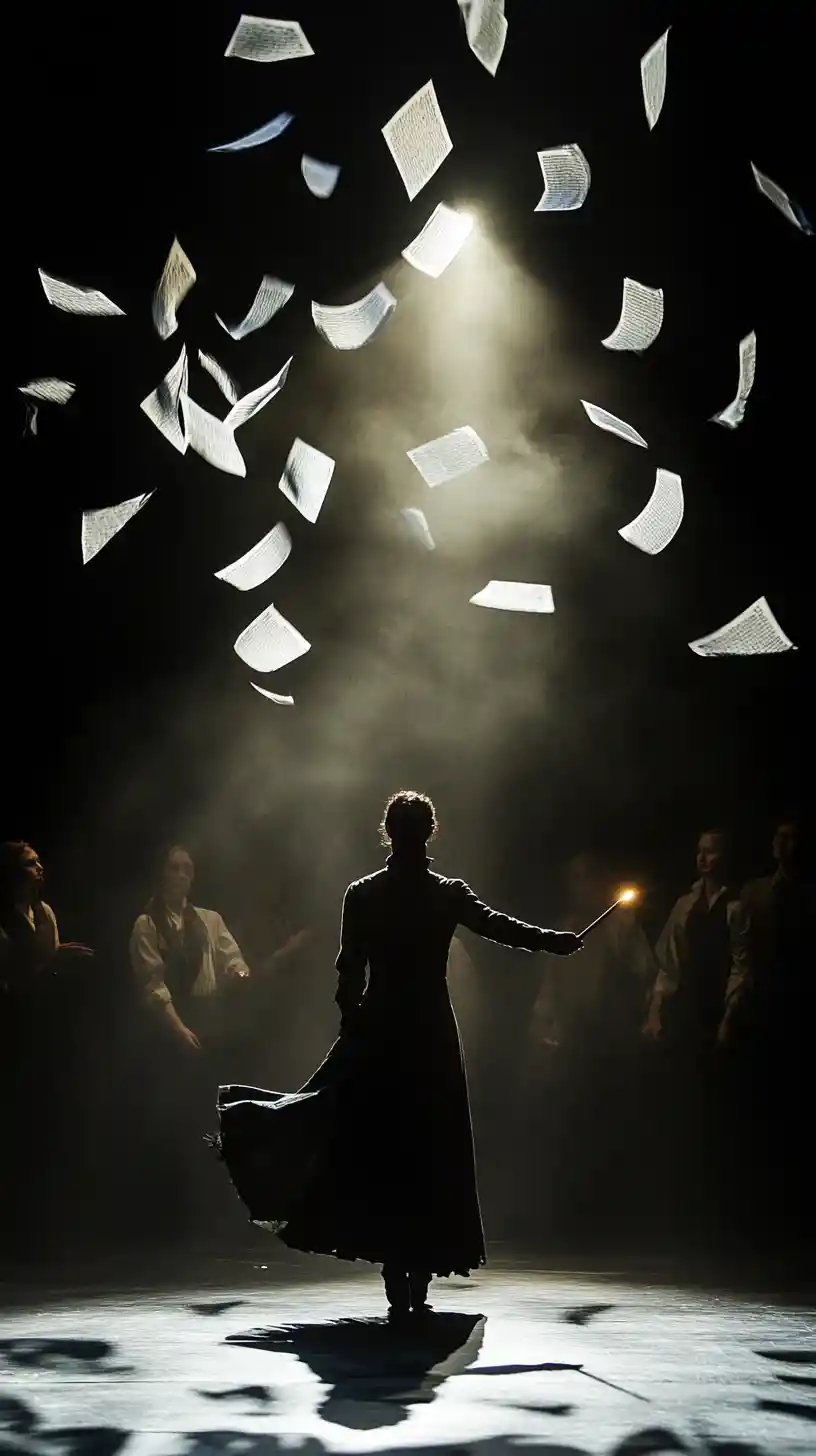 Performer With Glowing Quill On Dramatic Theater Stage