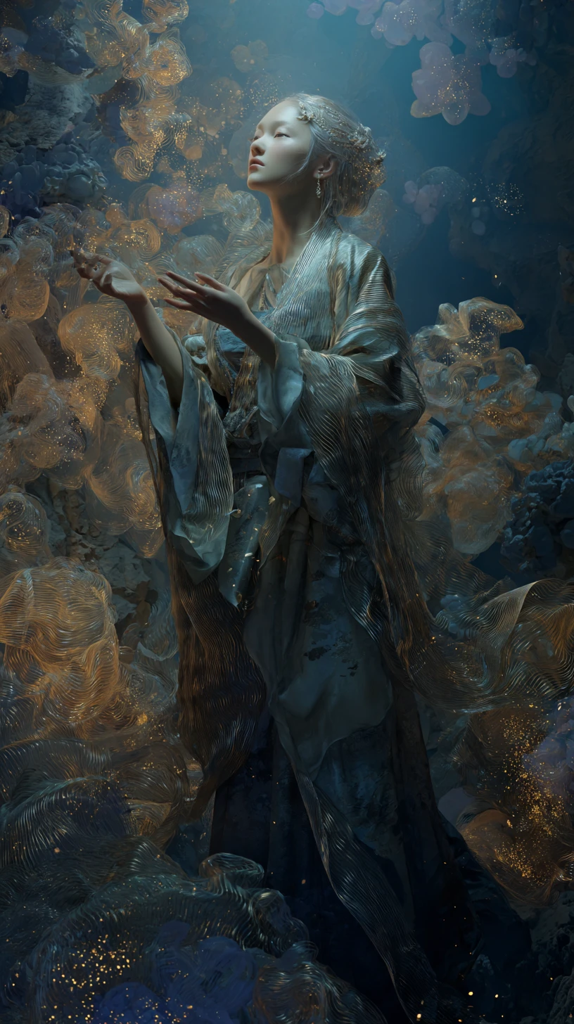 Ancient silk weaver spinning celestial threads in a cave