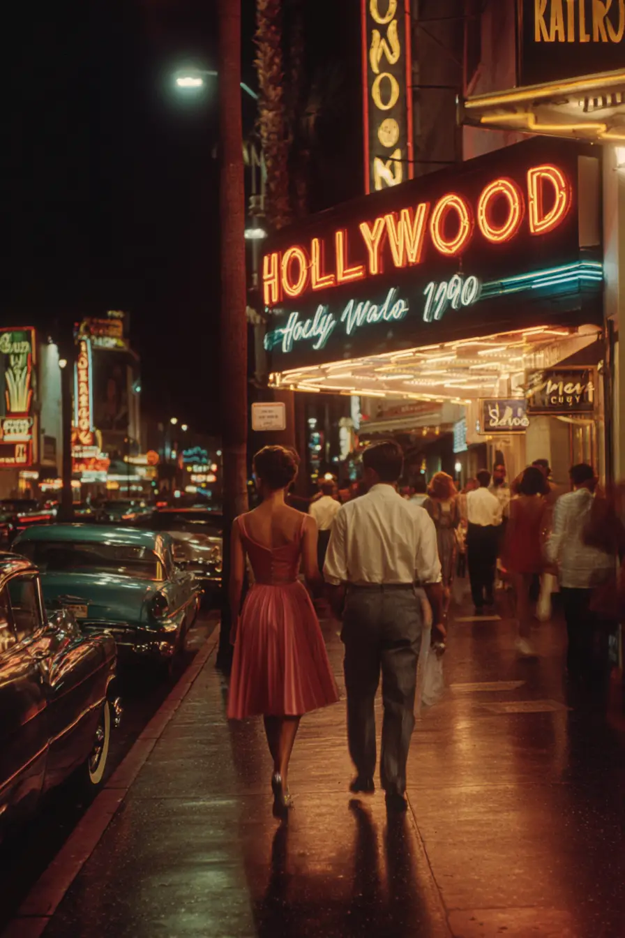 Romantic 1950s couple by classic car on Hollywood street