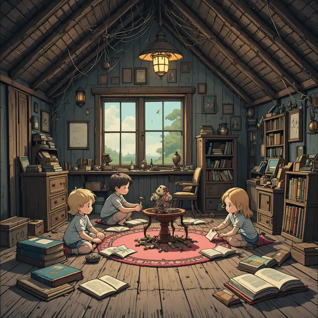 Kinder finden uralte Spielzeuge auf einem staubigen Dachboden