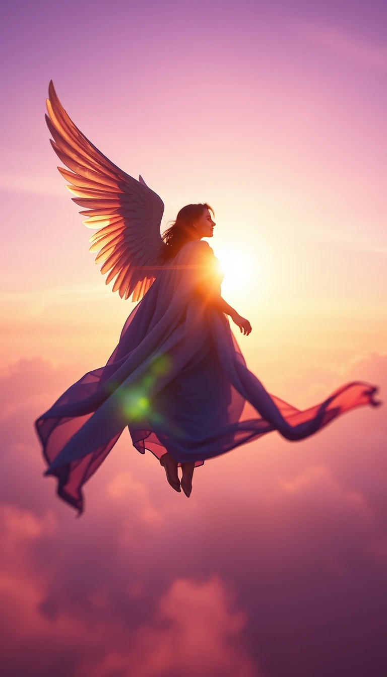 Ethereal angel in violet twilight sky with flowing silk