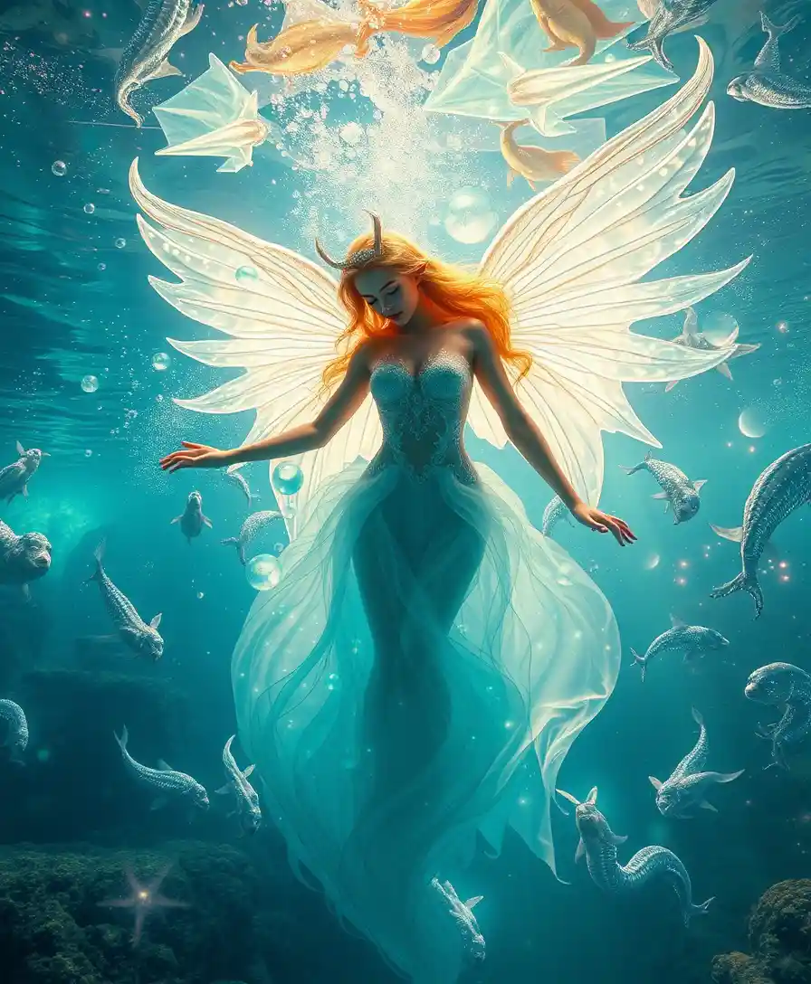 Ethereal water nymph surfacing in a glowing underwater world