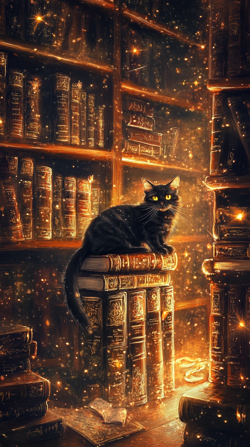 Sunlit witch library with cat familiar and glowing books