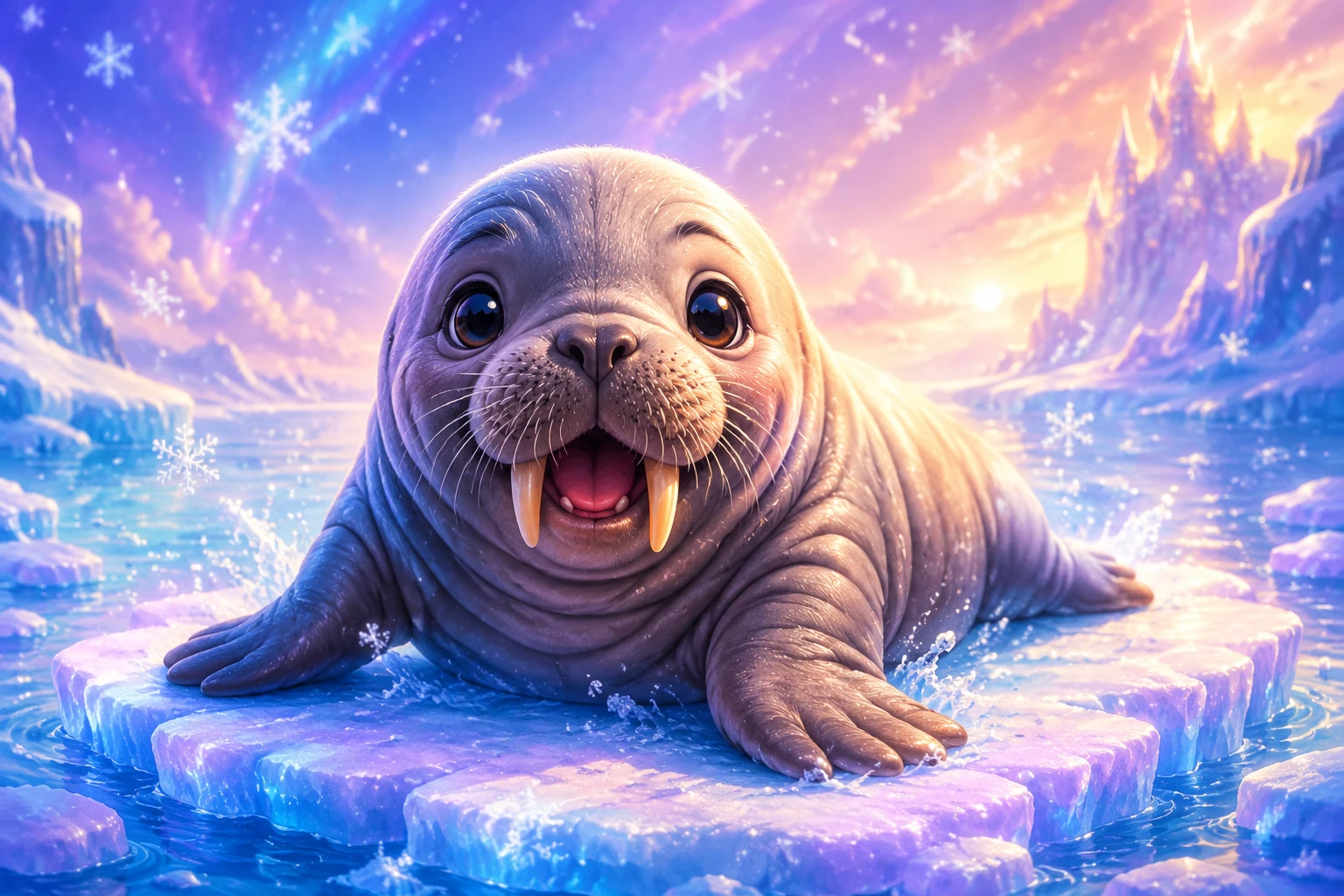 Cute baby walrus sliding playfully on pastel ice floe