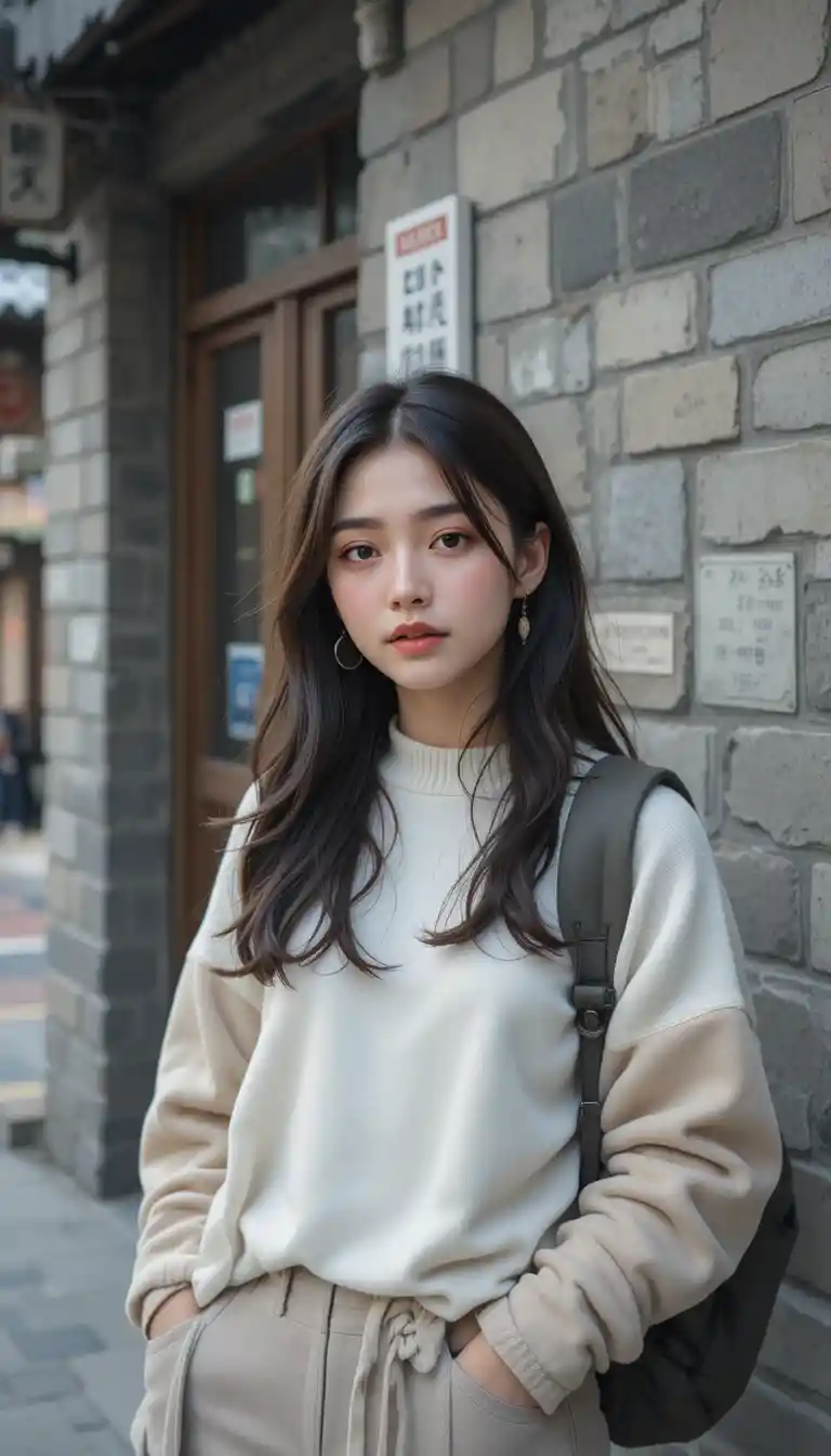 Young k pop style woman on a casual city street