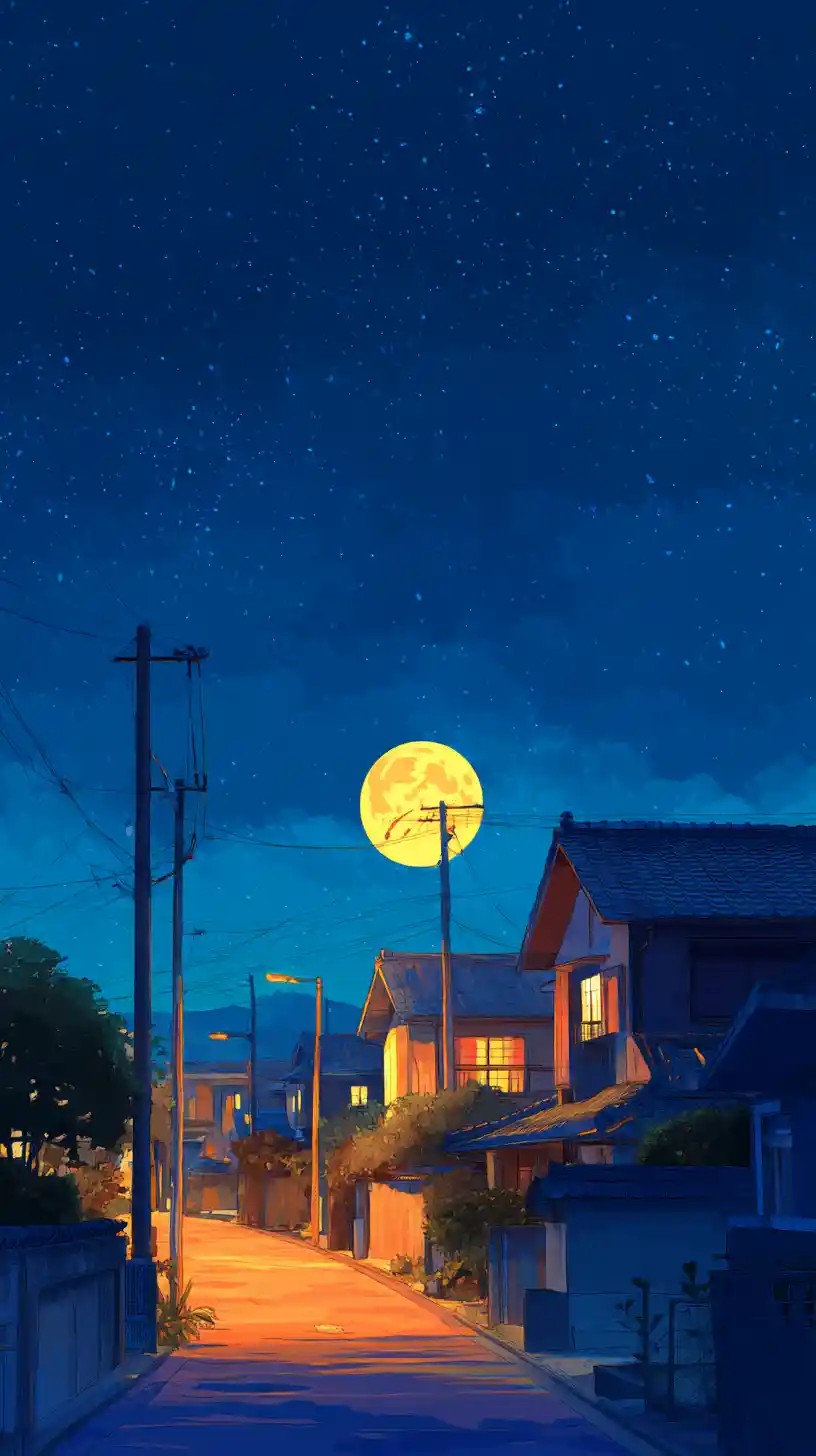 Quiet Japanese street under a starry sky and bright moon