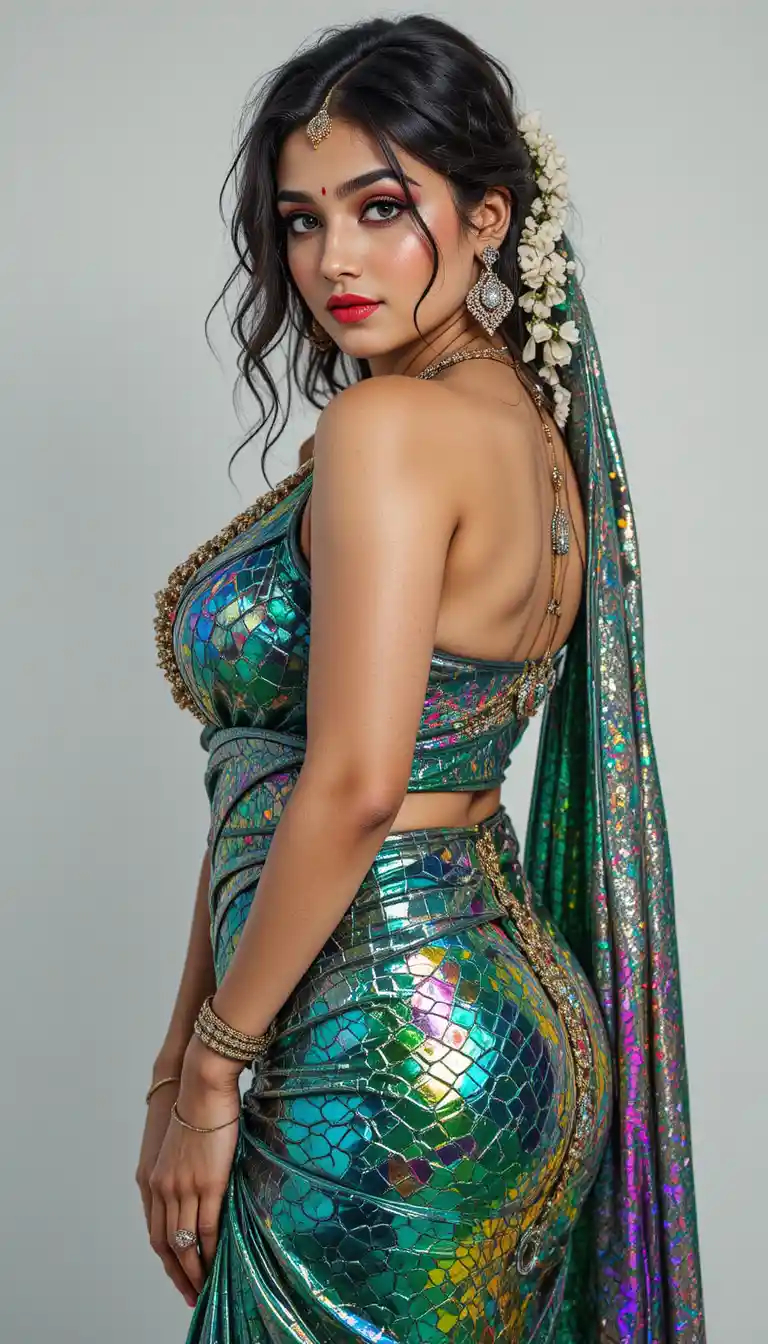 Curvy Indian woman in glossy green saree bending forward
