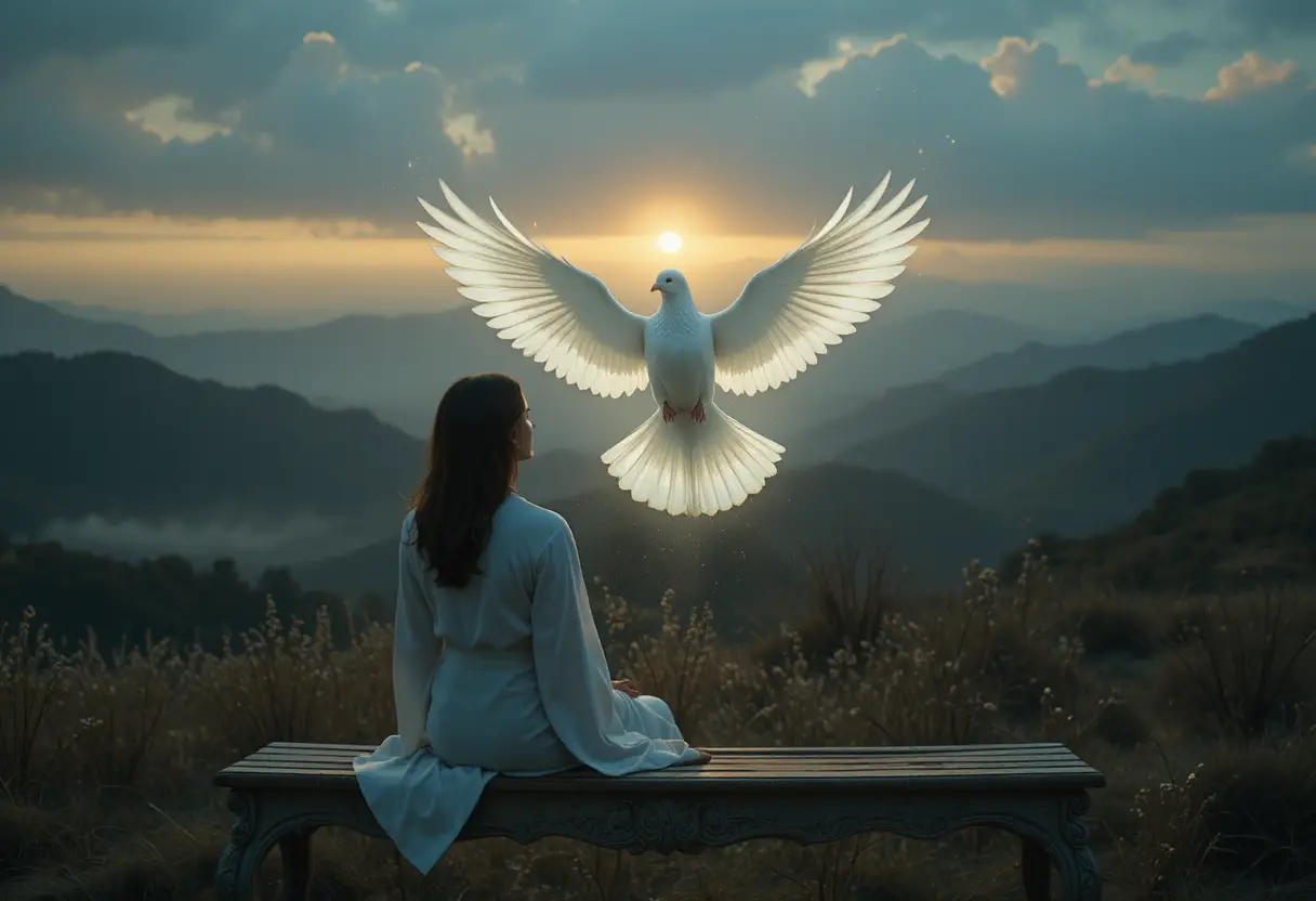 Solitary figure watching a radiant white dove at sunset