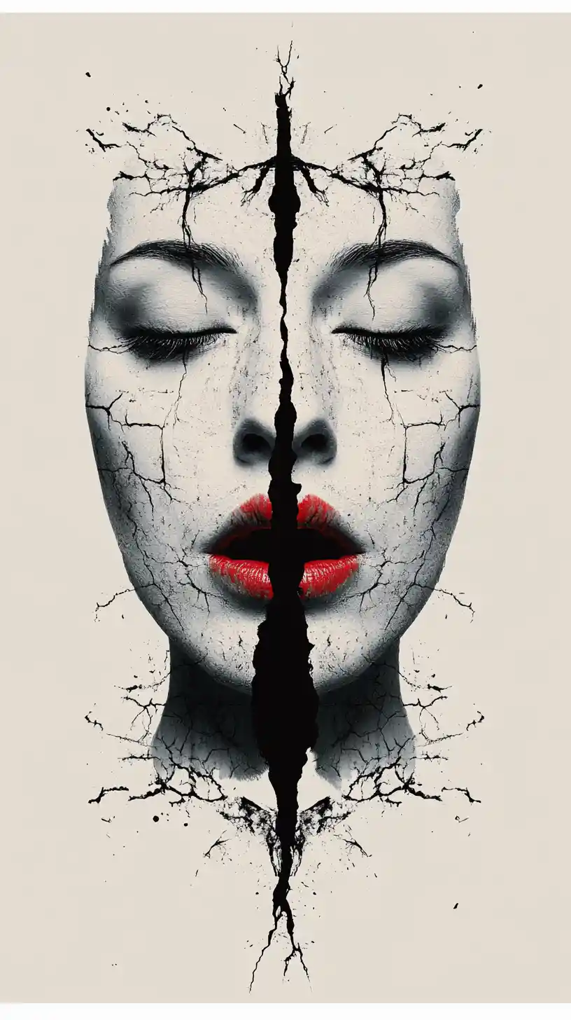Symmetrical horror card back with mirrored female composite face