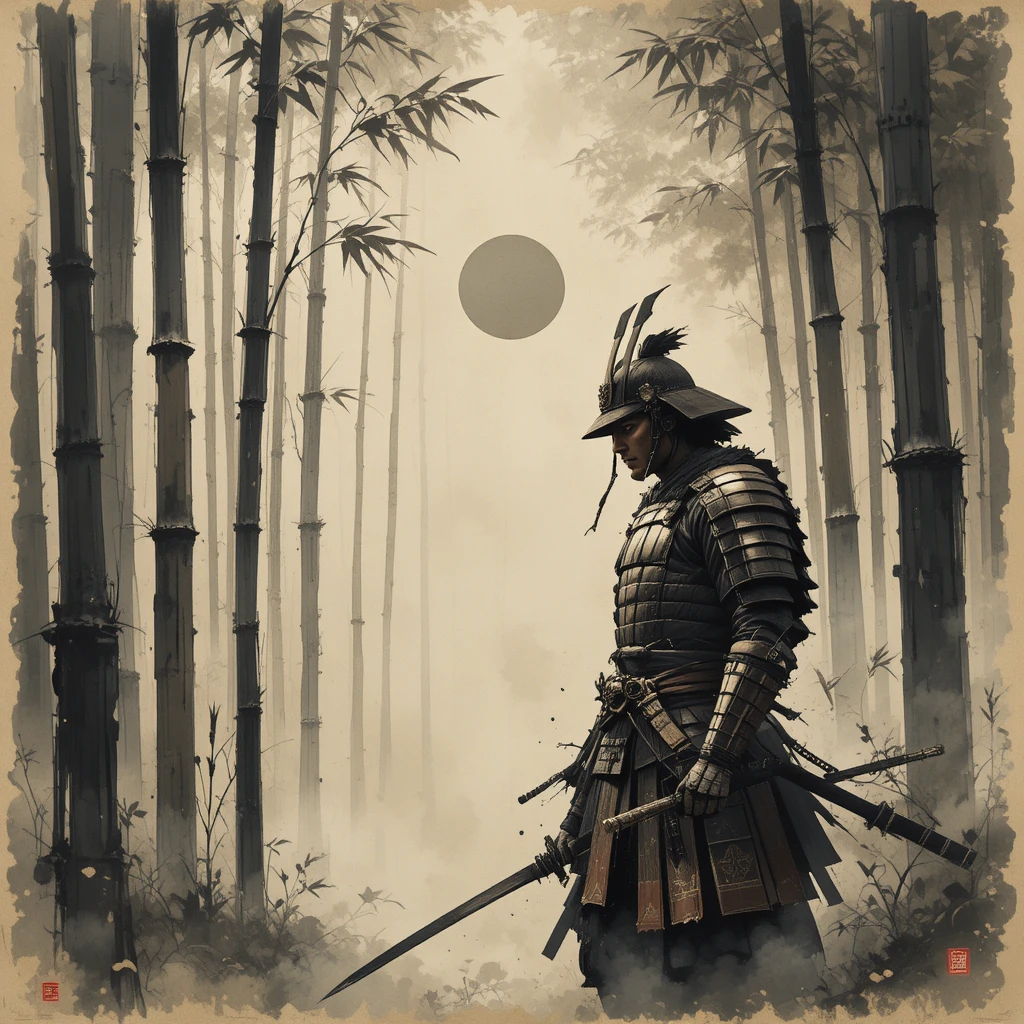 Samurai warrior in misty bamboo forest ink painting