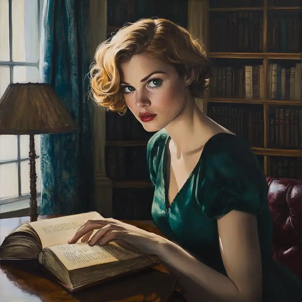 Woman in green dress searching books in home library