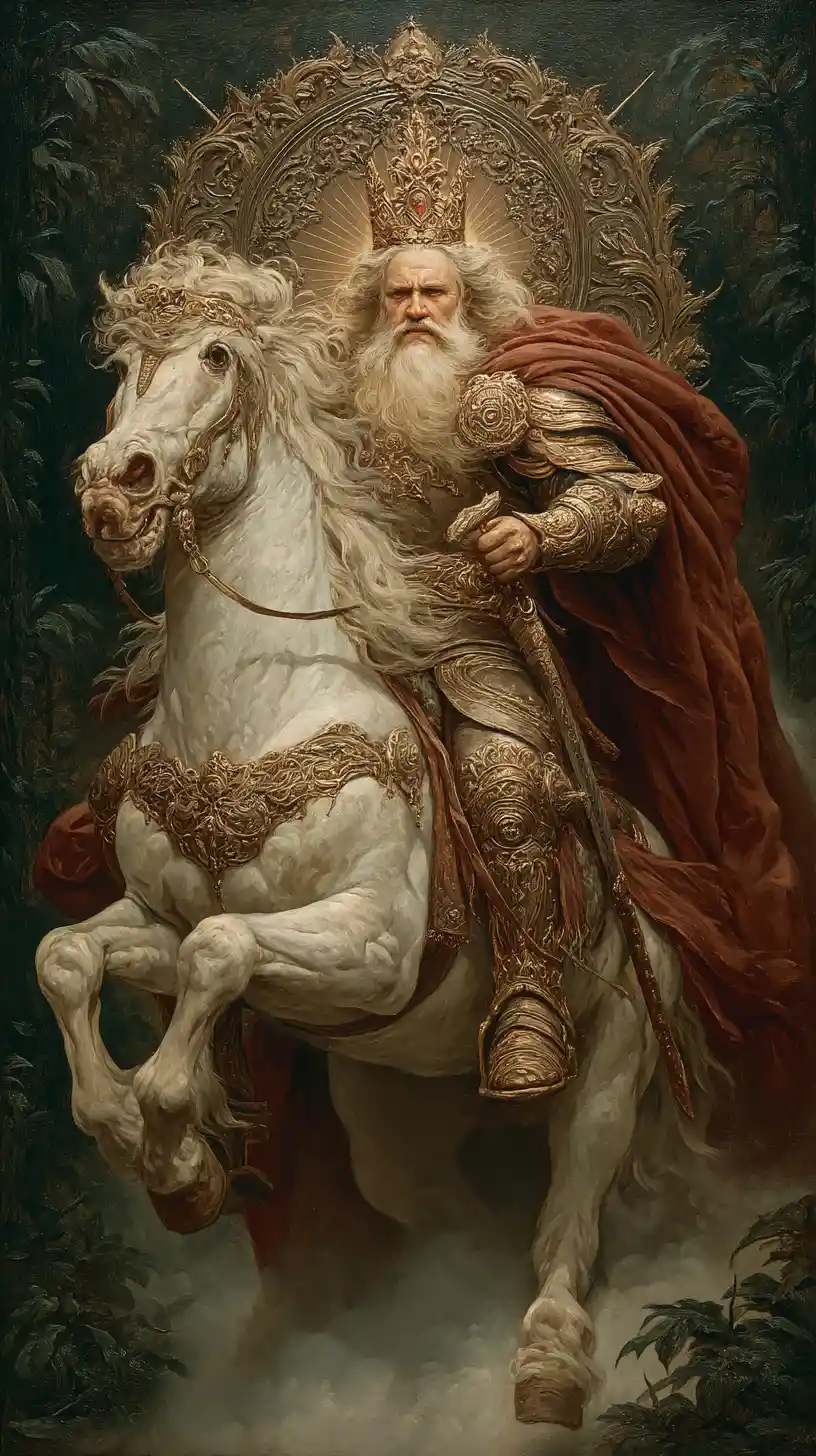 Majestic ancient king on white stallion in dark forest