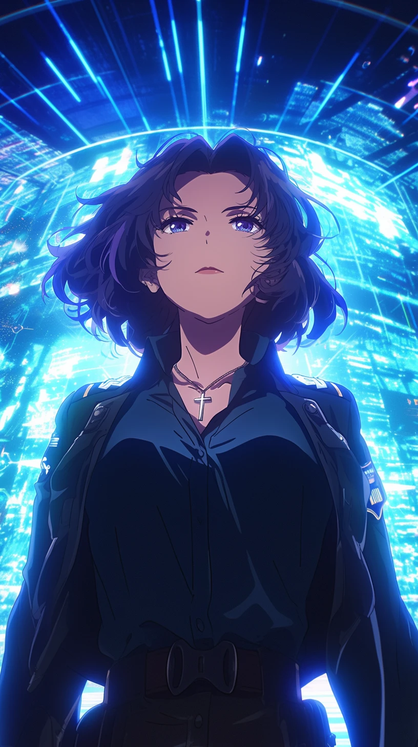 Confident sci fi officer in an underground command center