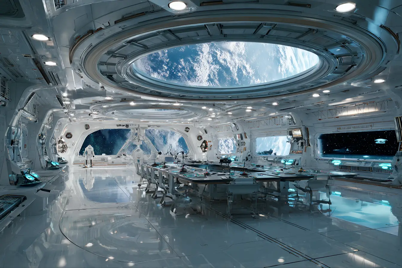 Futuristic crew on a bright spaceship observation deck