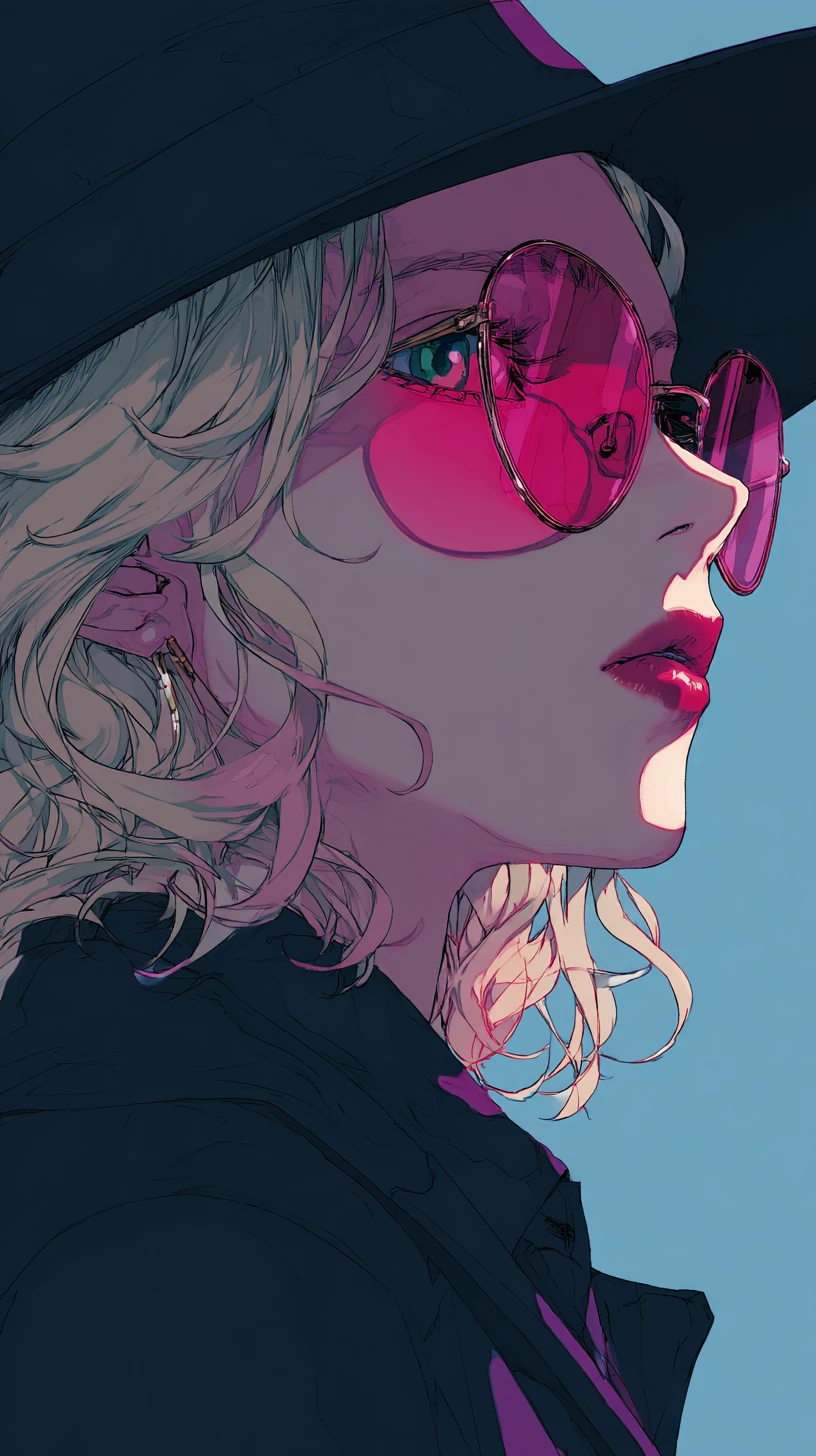 Mujer de anime con sombrero fedora y brillo neón cyberpunk