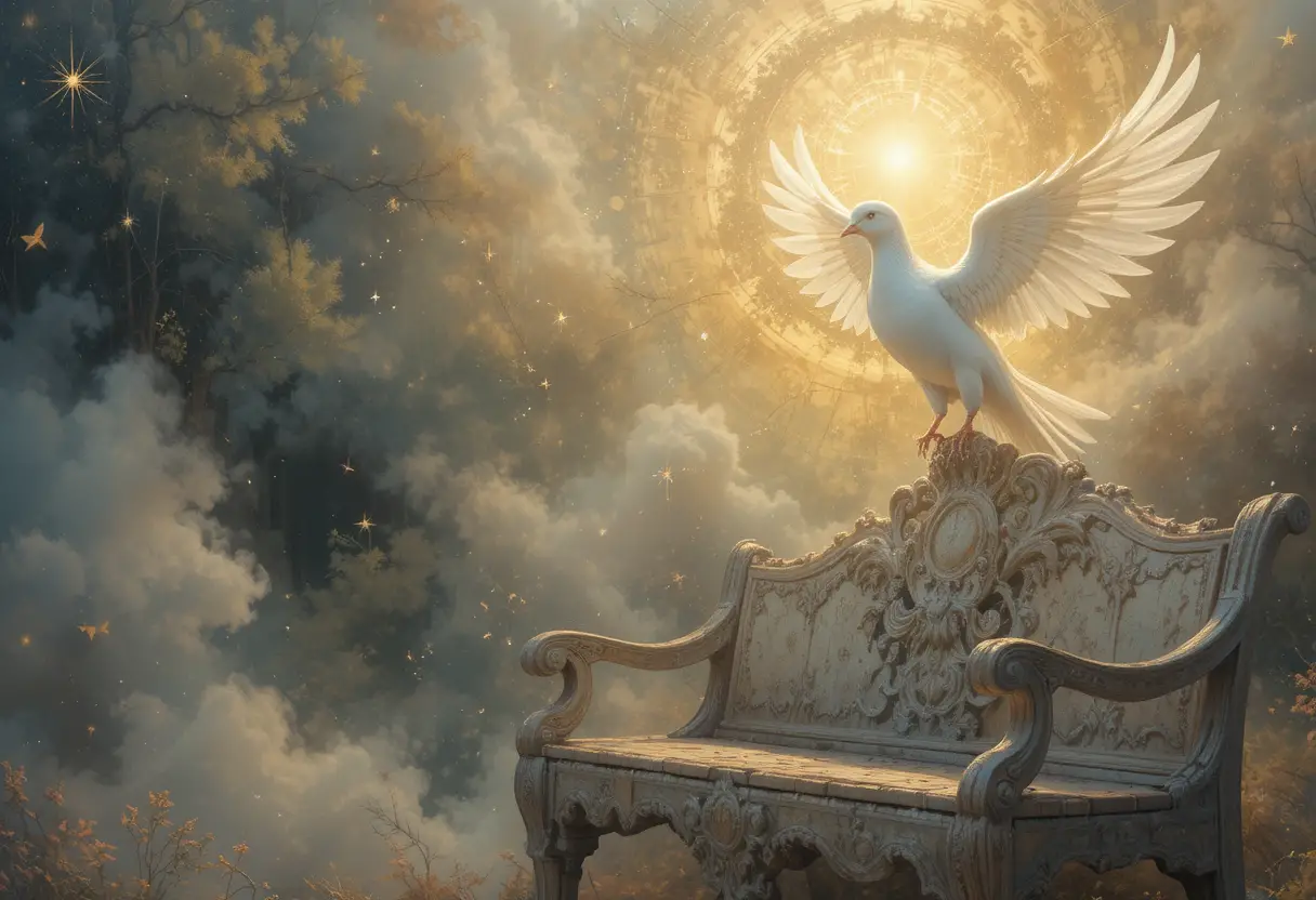 Solitary figure with glowing white dove at golden sunset