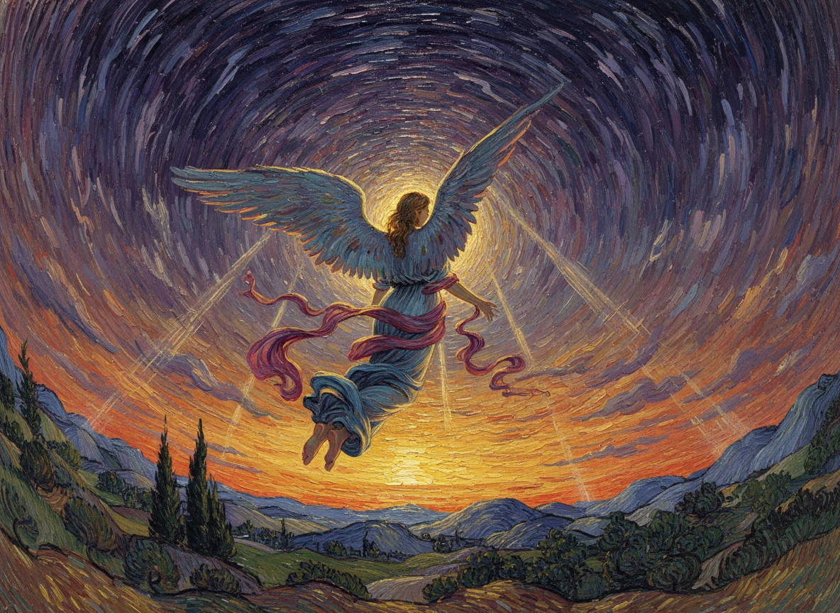 Ethereal angel with flowing silk soaring in twilight sky