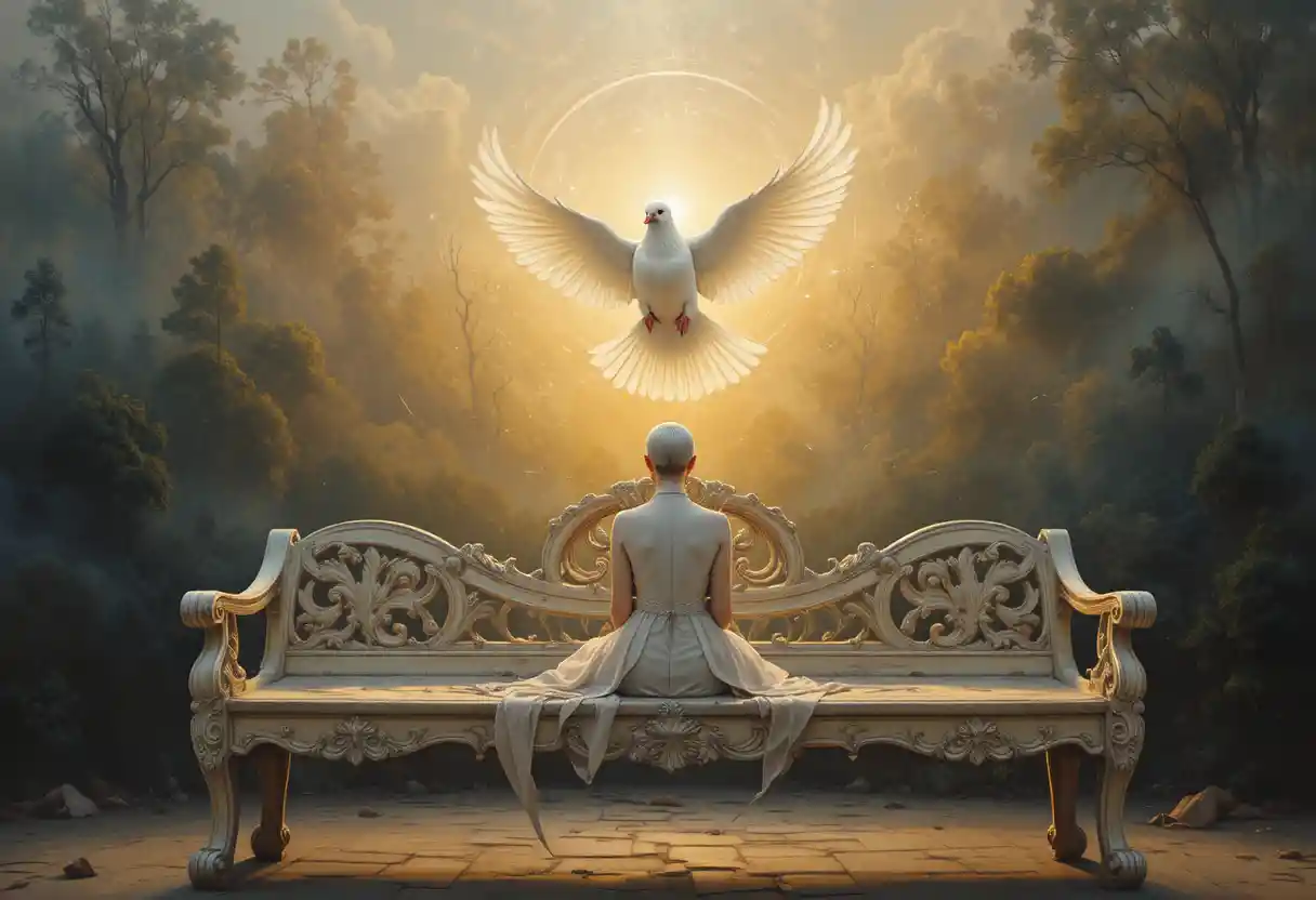 Solitary figure with glowing white dove at golden sunset