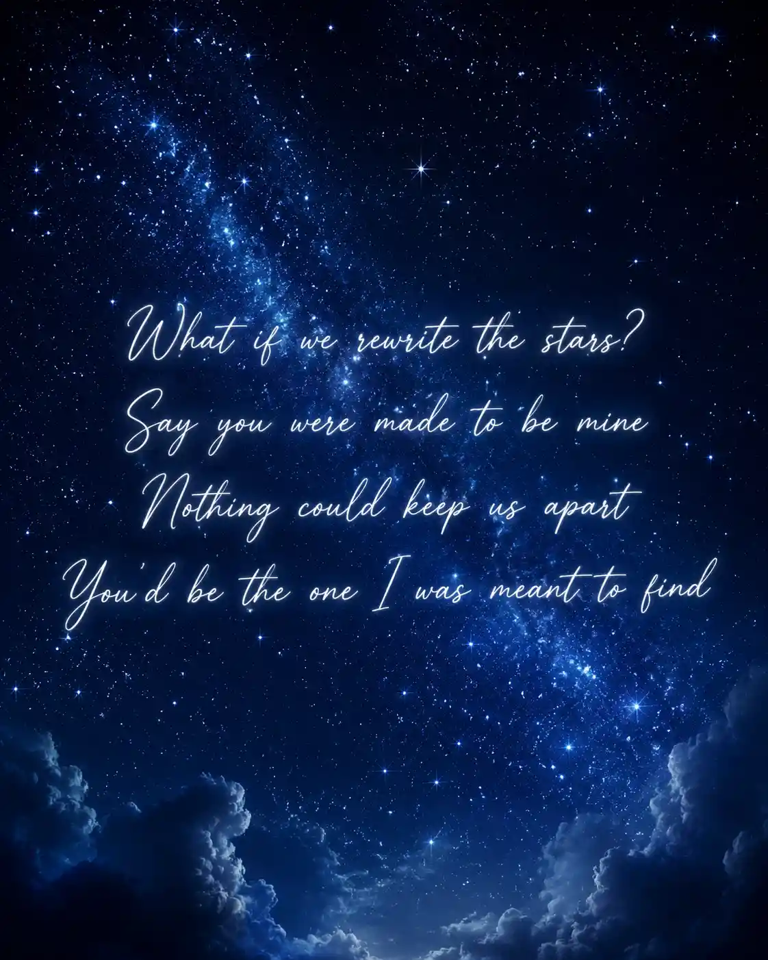 Starry night sky over a field with cursive song lyrics