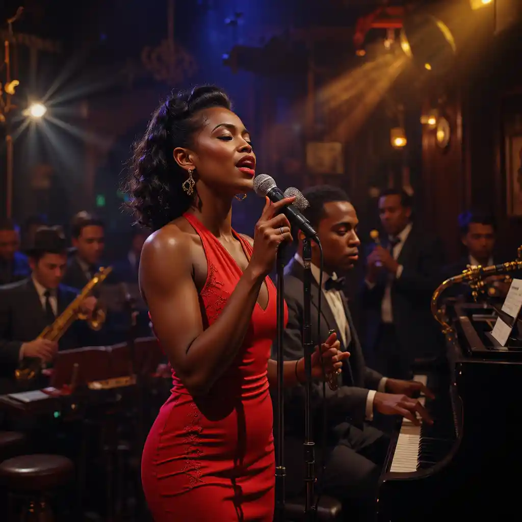 Jazz singer in red dress performing in smoky nightclub