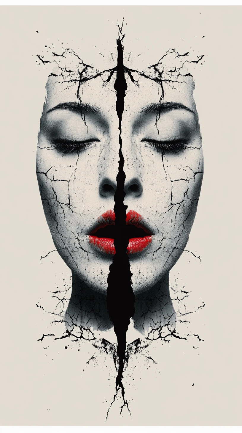 Symmetrical horror card back with mirrored female composite face