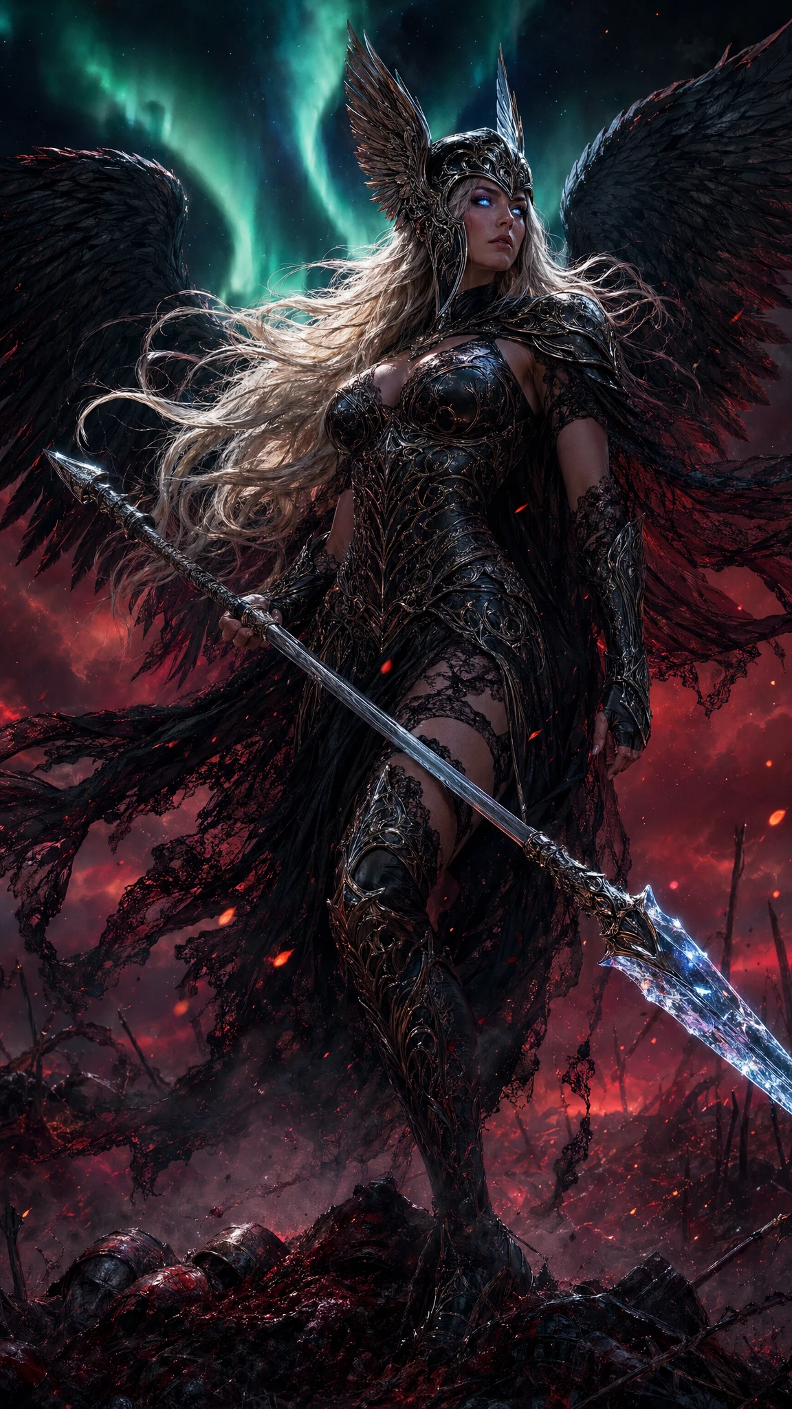 Valkyrie warrior under northern lights on crimson battlefield