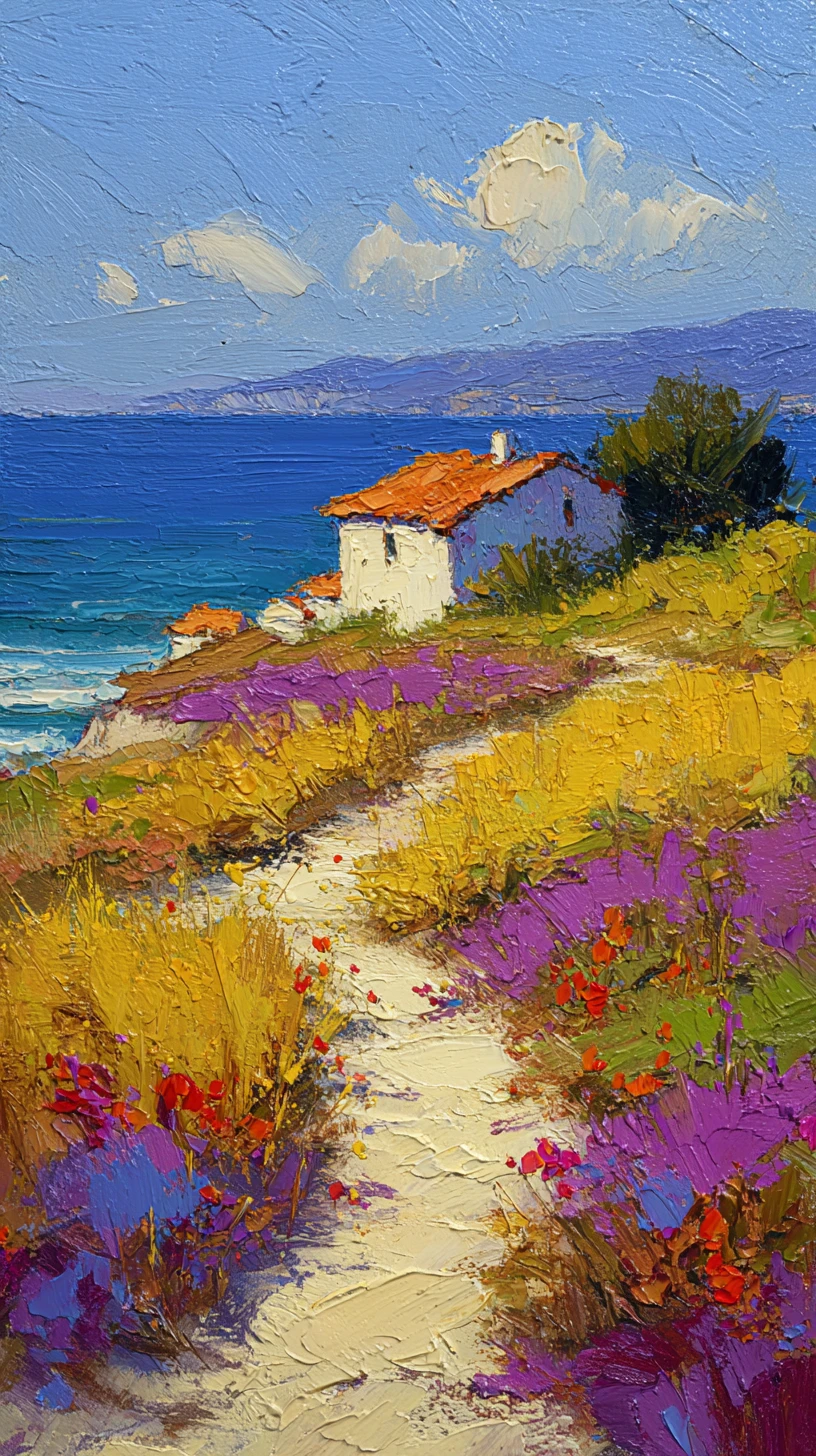 Sunlit coastal path leading to a white cottage
