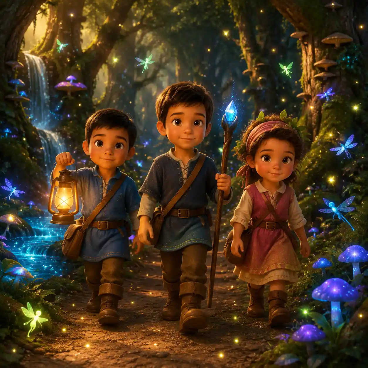 Three children walking through an enchanted fantasy forest