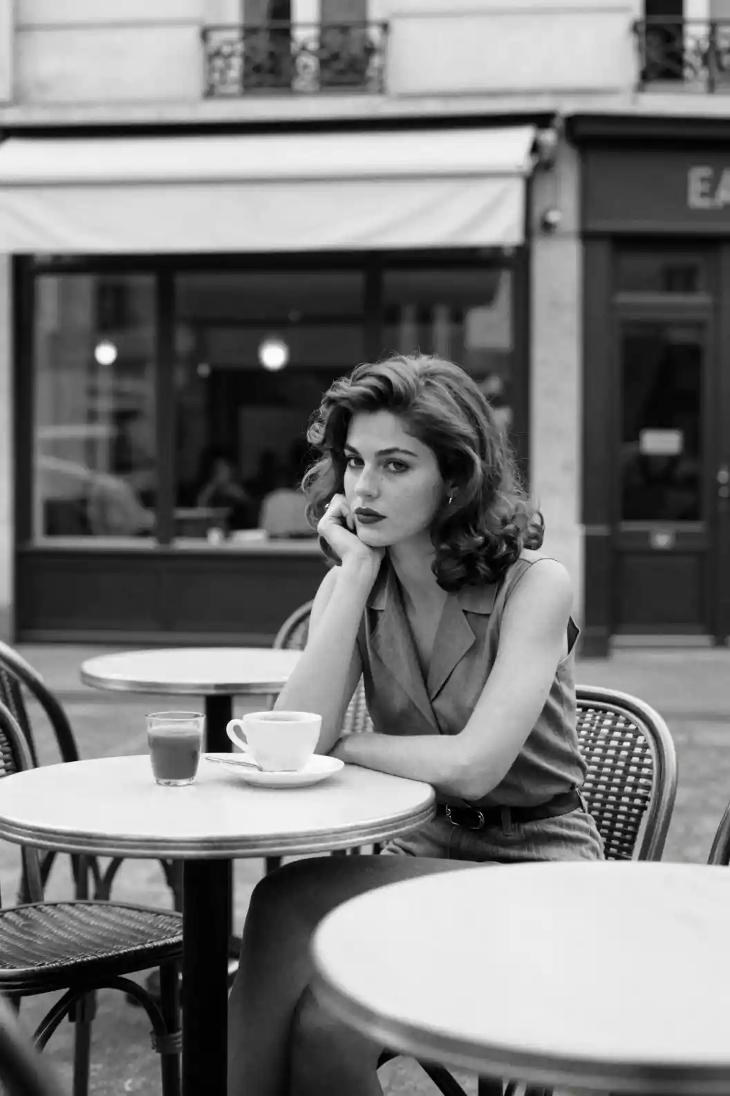 Lonely 1970s Parisian Woman Sitting At Bright Street Cafe