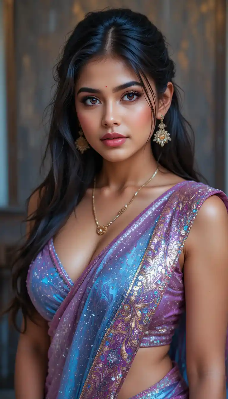 Tamil woman in glossy saree with exposed midriff pose
