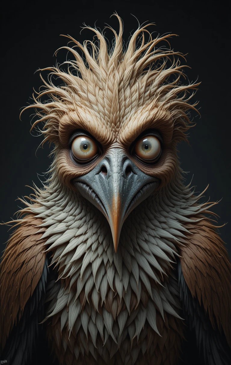 Freaky bird with human like eyes in dark digital painting