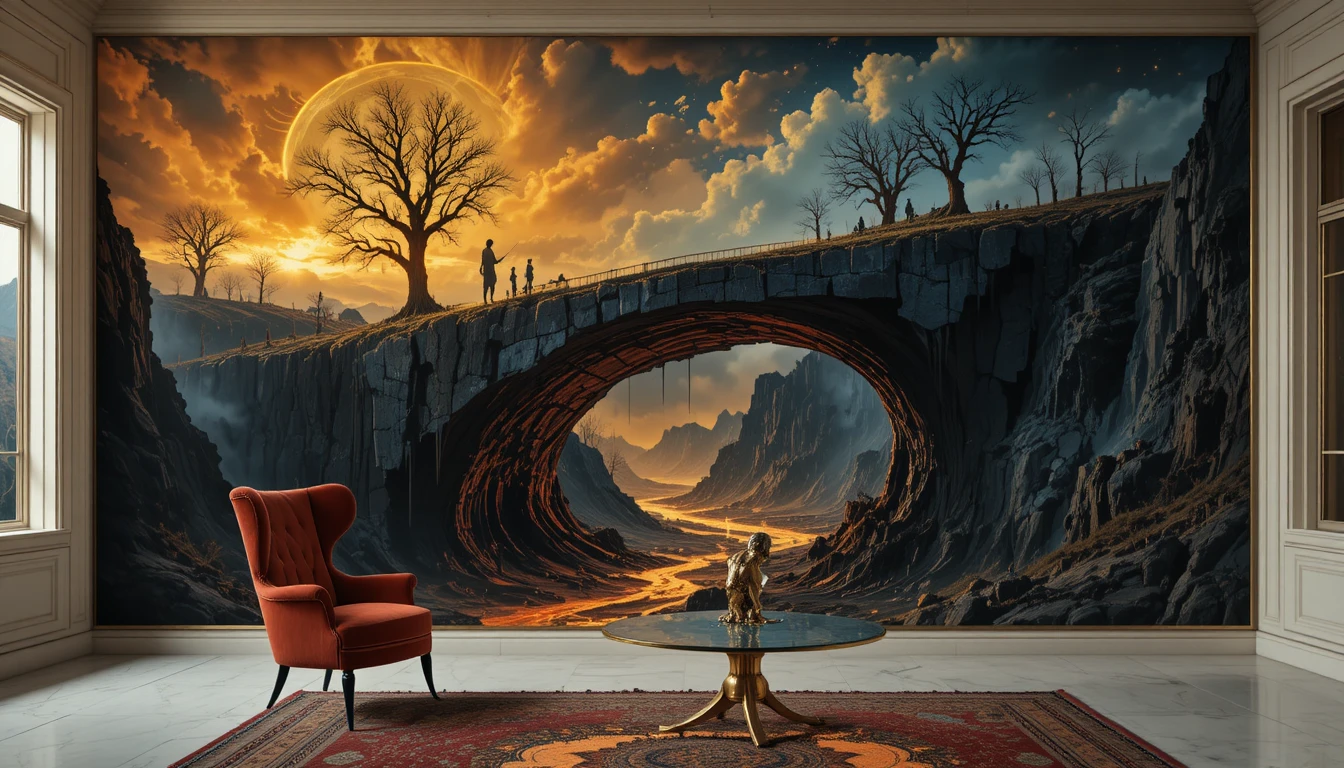 Surreal red velvet sofa before swirling cosmic forest painting