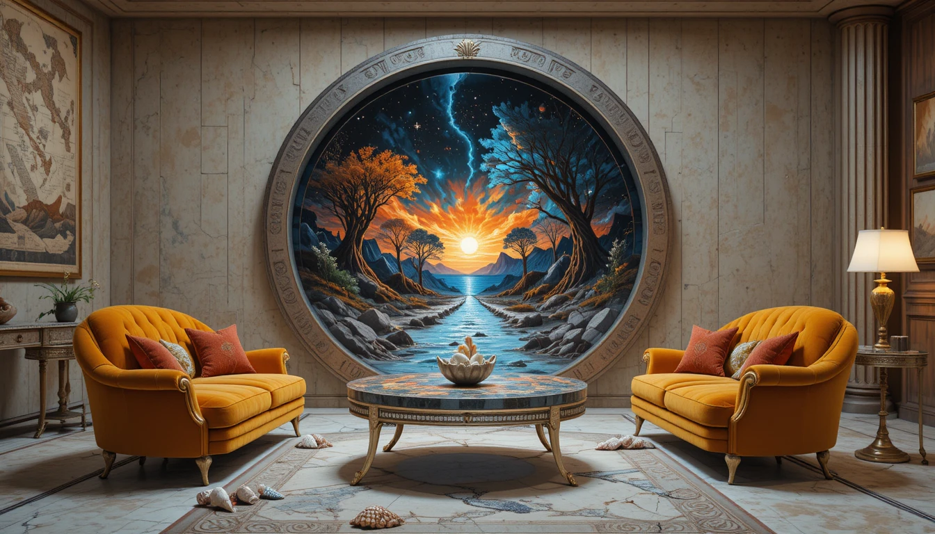 Surreal baroque sofa before trippy cosmic painting