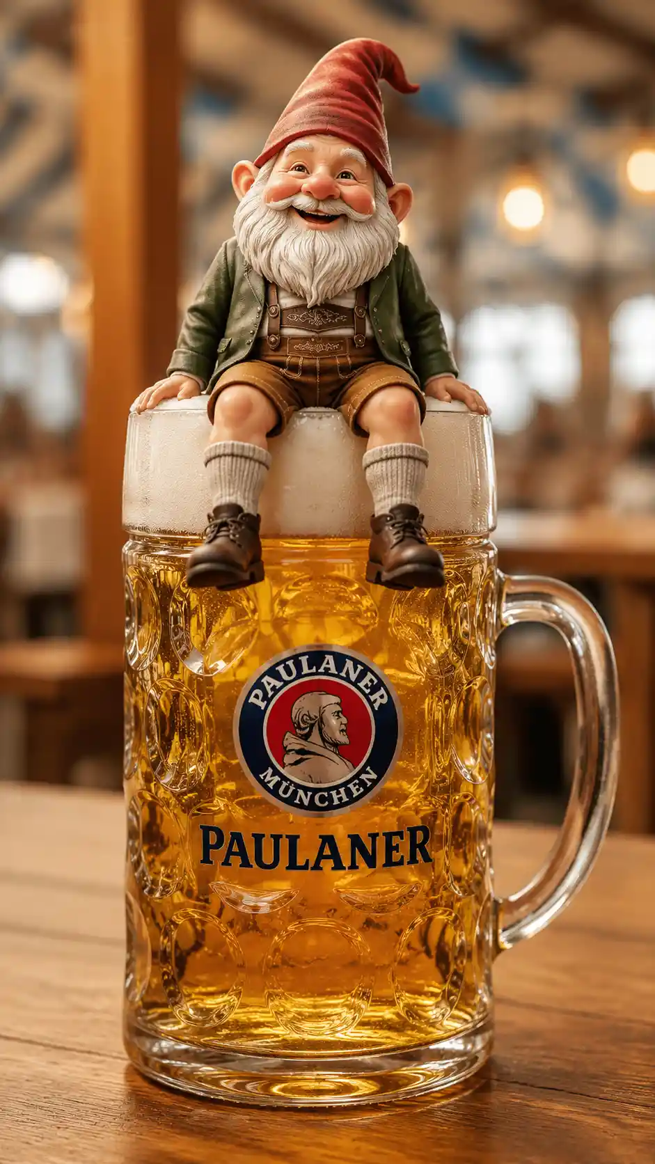 Paulaner beer mug with a playful gnome sitting on top