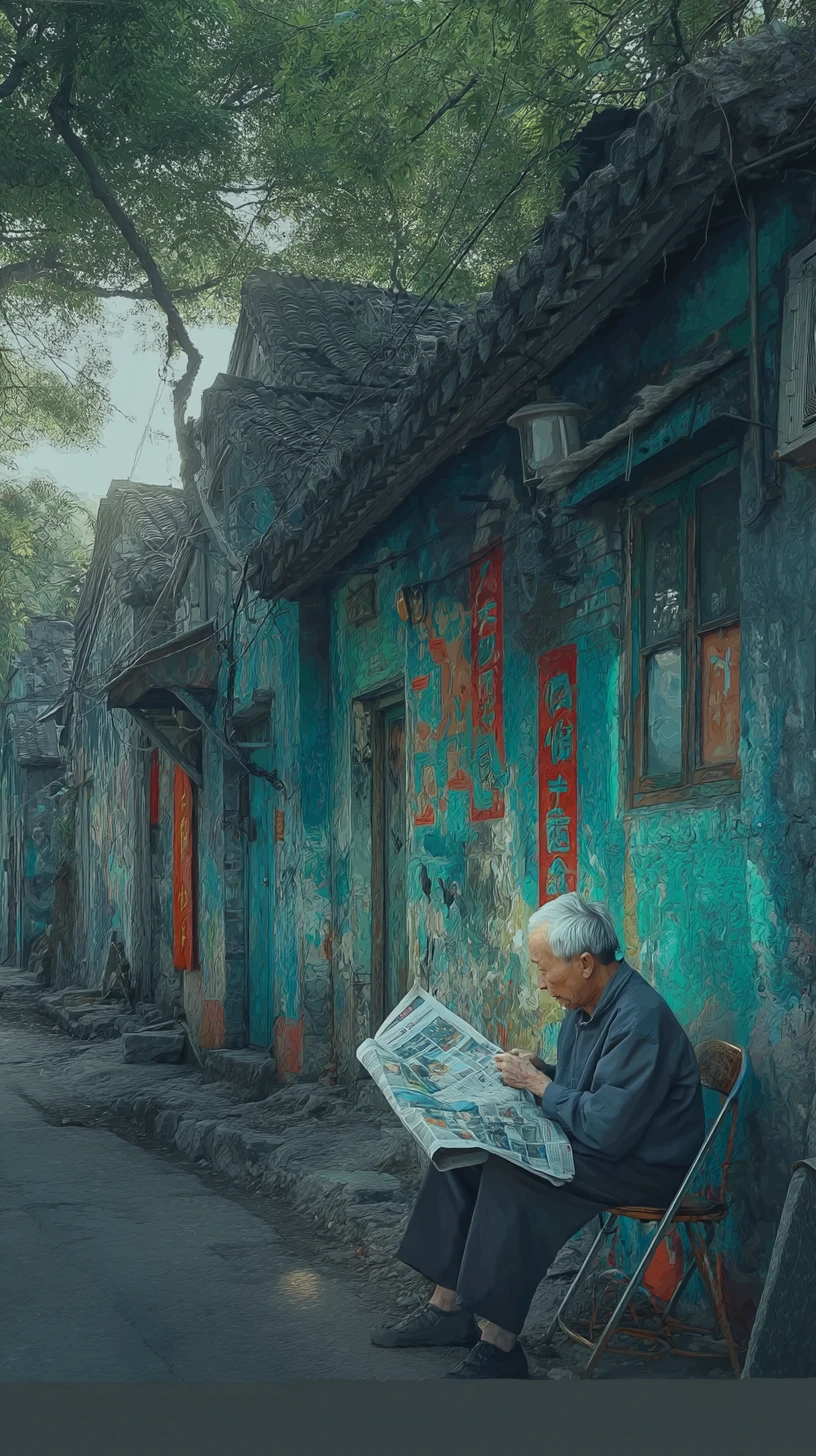 Old man reading a newspaper amid bombed neighborhood ruins