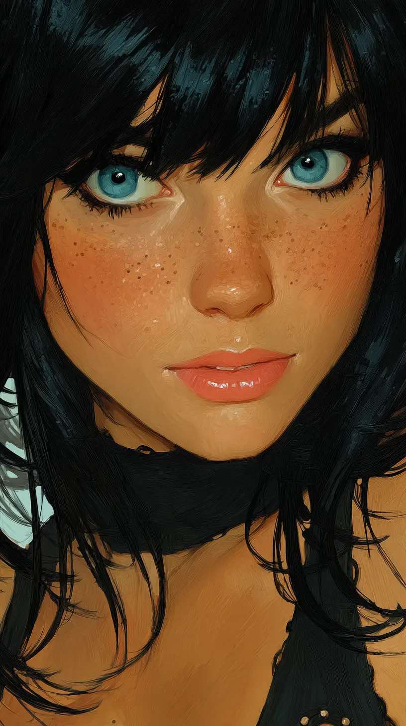 Retrato digital de uma mulher de olhos azuis com sardas
