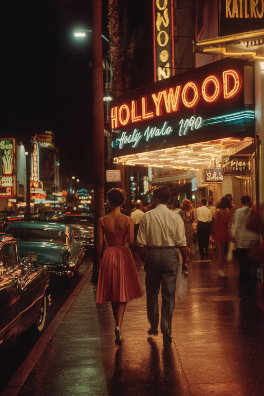 Romantic 1950s couple by classic car on Hollywood street