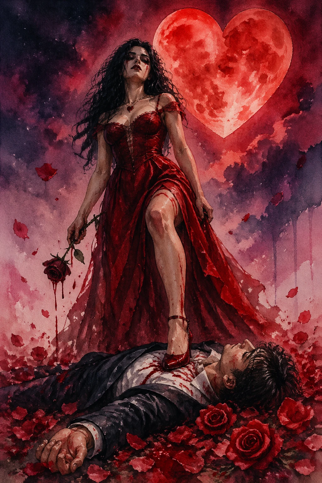 Dark valentine woman over fallen man under heart moon