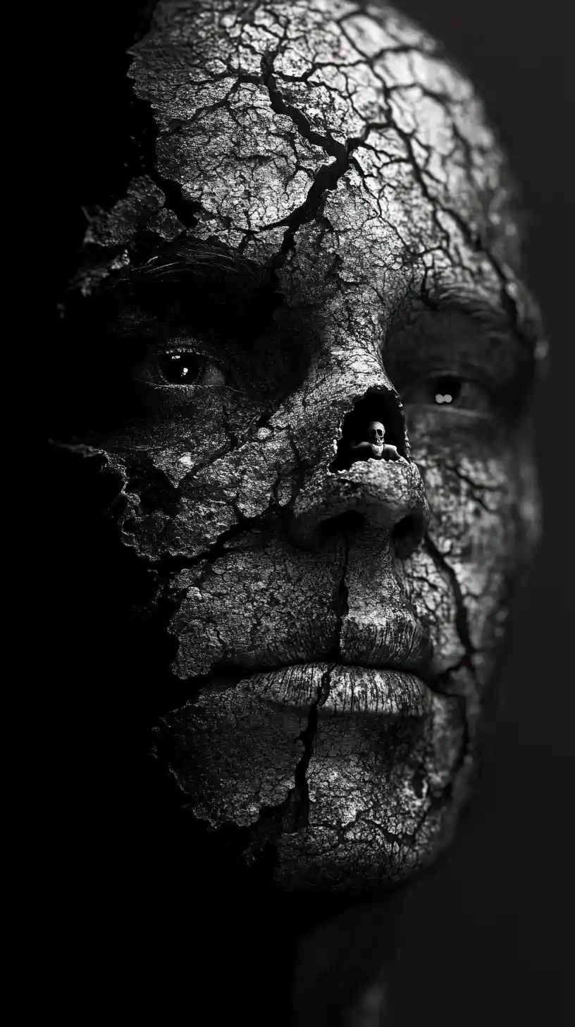 Surreal monochrome skull portrait with layered inner figure